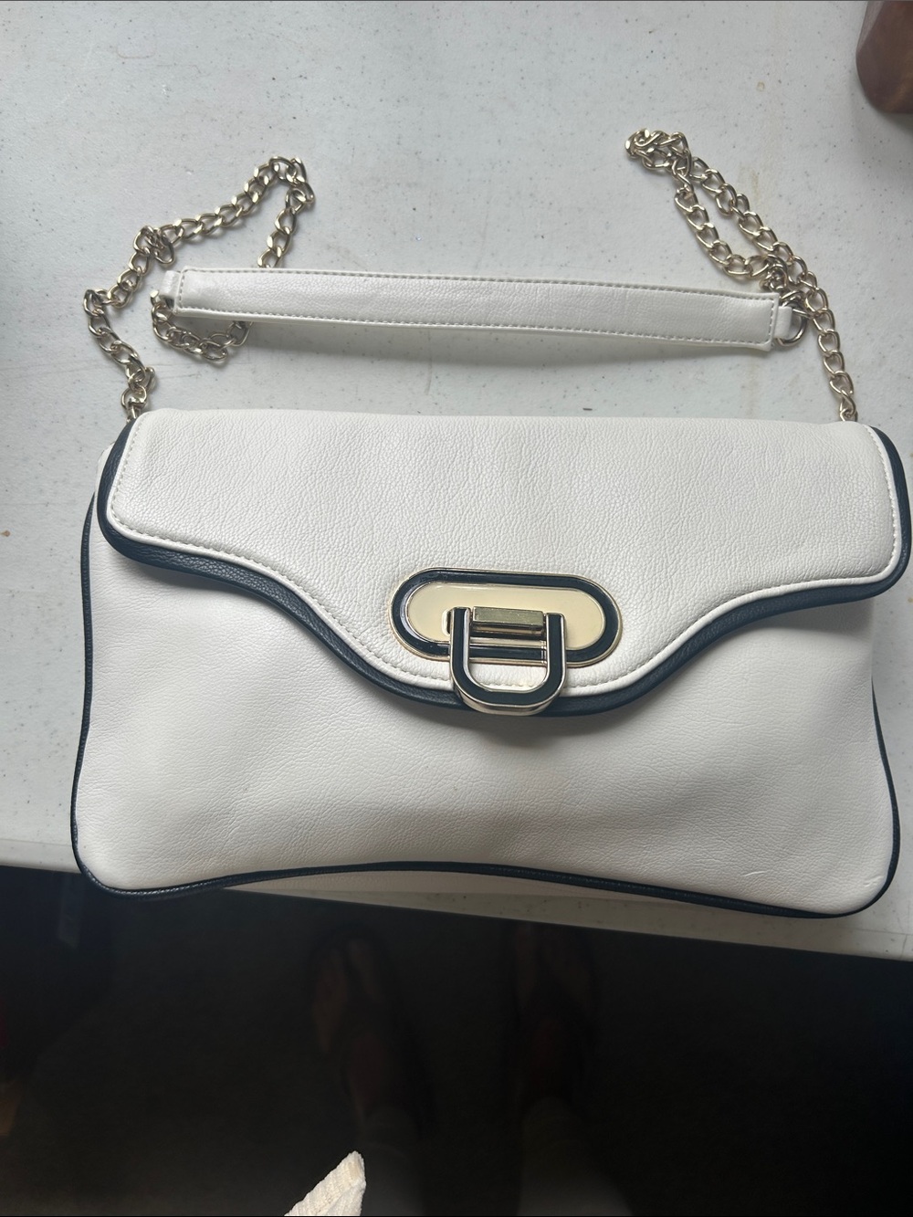Aldo White Shoulder Bag with Black Trim and Gold Chain